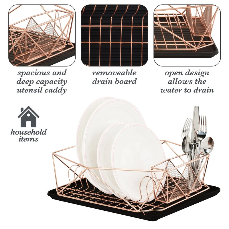 Kitchen Details Geode Deluxe Dish Drying Rack with Drain Board | Cutlery Basket | Utensil Holder | Iron Frame | Copper - Image 4